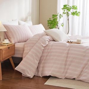Duvet Cover Full Size Pink White Striped Duvet Cover Set Washed Cotton Linen Feel Chic Bedding Set for All Seasons Breathable Durable Textured (Wide Striped HFBT)