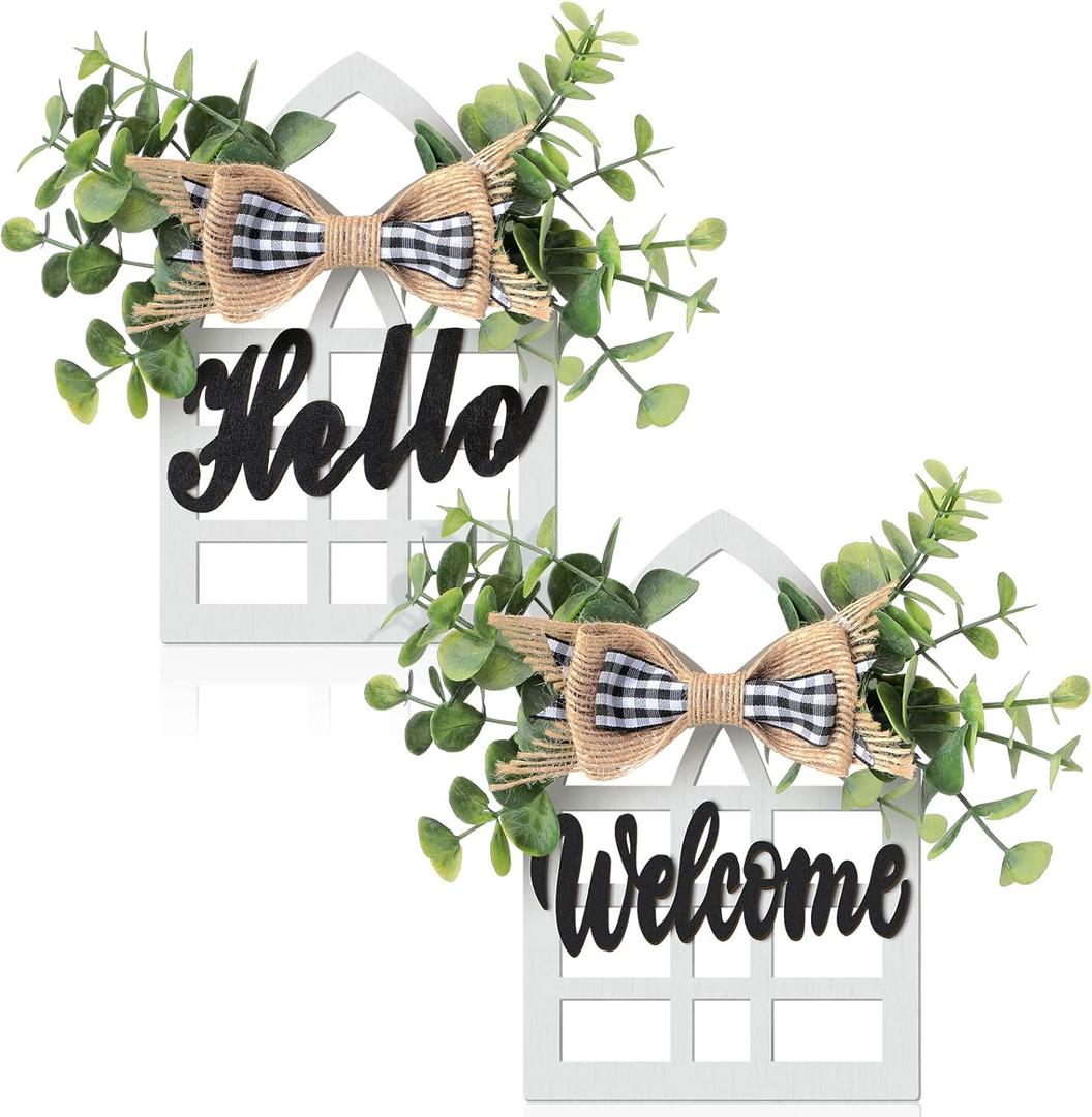 2 Pieces Farmhouse Window Tiered Tray Decorations Cathedral Arch Window Sign Wood Hello Welcome Sign Decor Farmhouse Home Supplies for Tiered Tray Shelf Table Counter