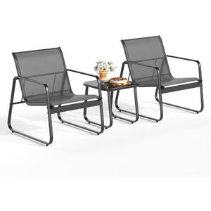 Gizoon Patio Chairs Set of 2, Patio Fumiture Set with Metal Fframe Glass Table, Outdoor Chairs Set of 2 for Balcony Bistro Table and Chair Set for Lawn, Black