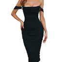 SELINK Women's Off Sholuder/Tank Top Bodycon Ruched Midi Elegant Cocktail Party Dress Black-L