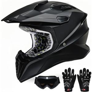 Youth Dirt Bike Helmet Kids Full Face Motorcycle Helmet for Off-Road ATV Street Riding, DOT Approved Kids Motocross Helmet with Goggles & Gloves, X-Large, BLACK