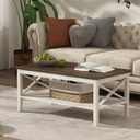 ChooChoo Farmhouse Coffee Table, Wooden Coffee Tables with Thicker Legs, White Coffee Table with Storage for Living Room (40 Inches, Soft White & Brown)