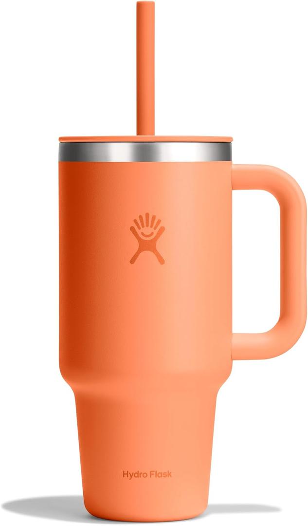 Hydro Flask Travel Tumbler with Handle, Lid and Straw - Insulated Stainless Steel in 32 Oz Nectar Orange