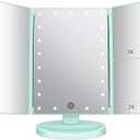 deweisn Tri-Fold Lighted Vanity Tabletop Mount Mirror with 21 LED Lights, Touch Screen and 3X/2X/1X Magnification, Two Power Supply Mode Make up Mirror,Travel Mirror (Green)