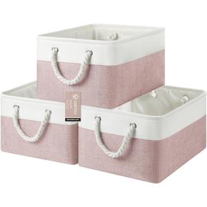 Large Storage Baskets- 15.7x11.8x8.26 inch Storage Bins for Shelves and Closet Organizing, Foldable Fabric Bin for Home Organization Clothes and Laundry (3-Pack, White&Pink)