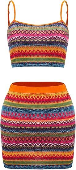 Verdusa Women's 2 Piece Outfit Striped Crop Cami Top and Mini Bodycon Skirt Sets, Size M