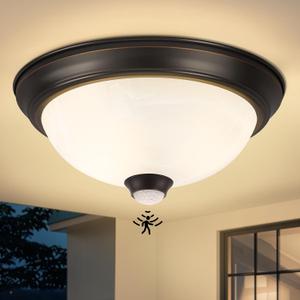 Motion Sensor Outdoor Ceiling Light with Remote, Dusk to Dawn Flush Mount Porch Light with 4 Modes, Close to Ceiling Light Fixture 2 LED Bulbs Included for Patio/Garage/Hallway