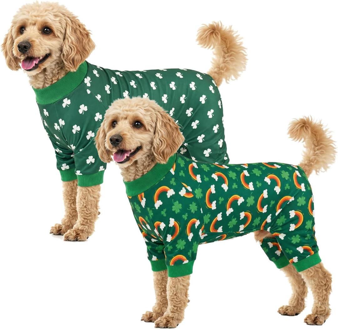 2-Pack St.Patrick's Day Dog Pajamas Clover Rainbow Pet Jumpsuits Puppy Pjs Lucky Shamrock Dog Onesie St Patricks Dog Jammies Costume Outfit Clothes for Small Medium Large Dogs XL