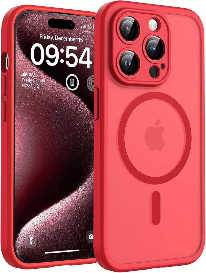 TOCOL Magnetic for iPhone 15 Pro Max Case, Upgraded Full Camera Protection, Compatible with Magsafe, Drop Protection, Translucent Matte Back Bumper Phone Cover 6.7-InchRed