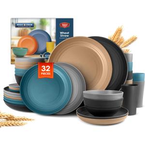 Teivio 32-Piece Kitchen Plastic Wheat Straw Dinnerware Set, Service for 8, Dinner Plates, Dessert Plate, Cereal Bowls, Cups, Unbreakable Colorful Plastic Outdoor Camping Dishes, Cerulean Hues