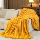 NEWCOSPLAY Faux Fur Throw Blanket Mustard Yellow 3D Ribbed Plush Thick Warm Blanket for Couch Sofa Bed 850GSM (Mustard Yellow Ribbed, Throw(50"x60"))