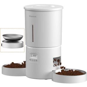 Automatic Cat Feeder for 2 Cats,6 Meals/Day,12 Portions/Meal,Dual Power Double Bowls,Dry Pet Food Autofeeder,10S Voice Record,Flexible Programmable Schedule Timer(White,Stainless Dual Bowls)