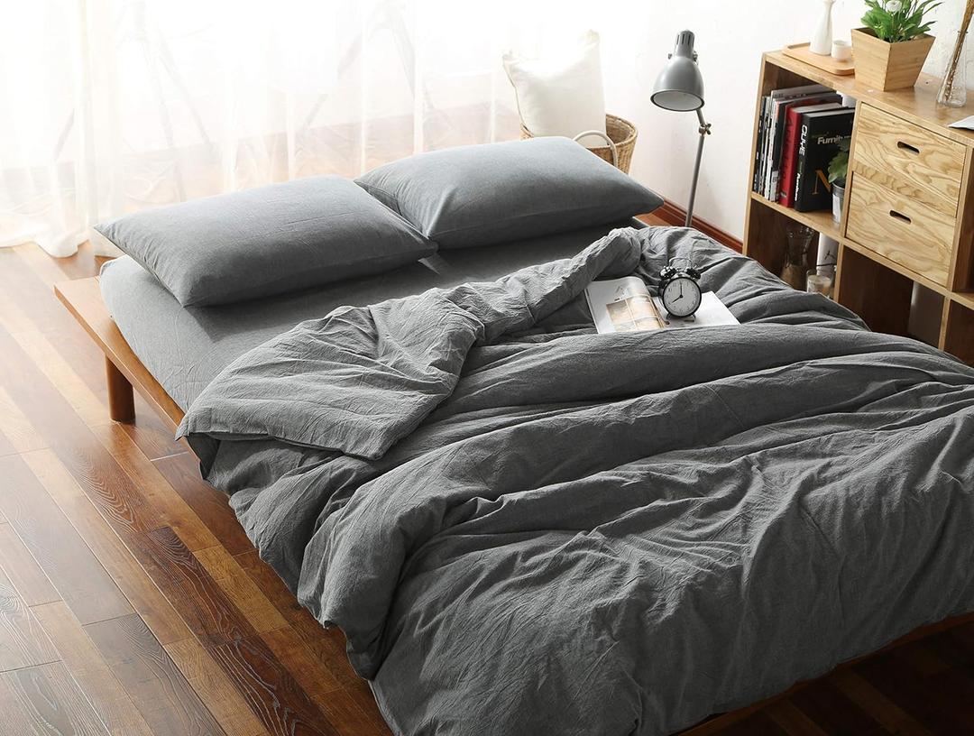 F.Y.Dreams 100% Washed Cotton Duvet Cover for Weighted Blanket 80x87 inches with 16 Ties, Zipper on Long Side/Grey/Just Duvet Cover