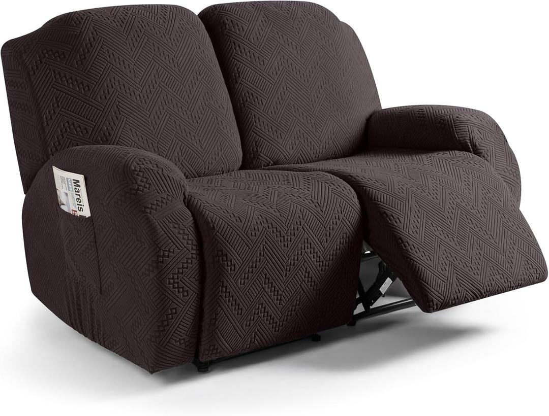 Ruaozz Recliner Sofa Covers Recliner Chair Covers Loveseat Recliner Slipcovers with Pockets Washable Furniture Protector with Elastic Bottom (2 Seater, Chocolate)