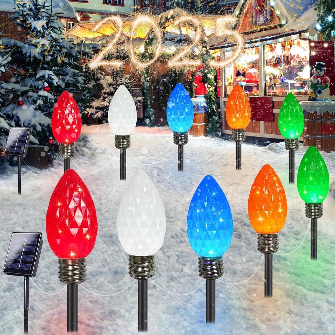 IDEAALS 10 Pack Jumbo Multicolor Solar C9 Christmas Lights OutdoorLED Solar Pathway Lights Waterproof, Strawberry Lights Christmas Decorations Outdoor for Walkway Party Patio Garden Lawn Yard Decor