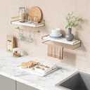 Forbena Floating Bathroom Shelves Wall Mounted, Aesthetic White and Gold Shelves for Bathroom Accessories, Modern Bathroom Organizer with Tower Bar for Wall Decor Storage Small Spaces, Set of 2