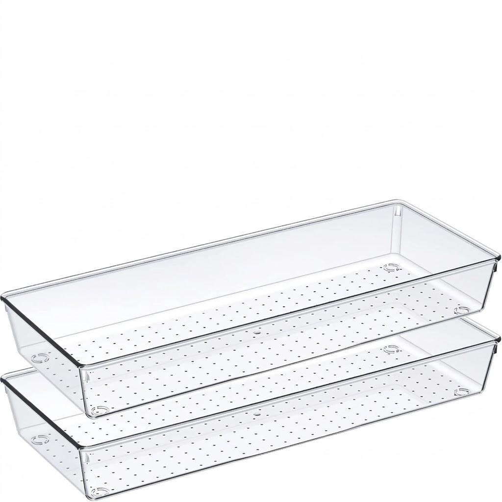 Criusia 2 Pcs Large Size Clear Drawer Organizer Set, Acrylic Non Slip Non Cracking Kitchen Drawer Storage Tray Divider, Multifunctional Storage for Cosmetics, Bathroom, Tools, Kitchen and Office
