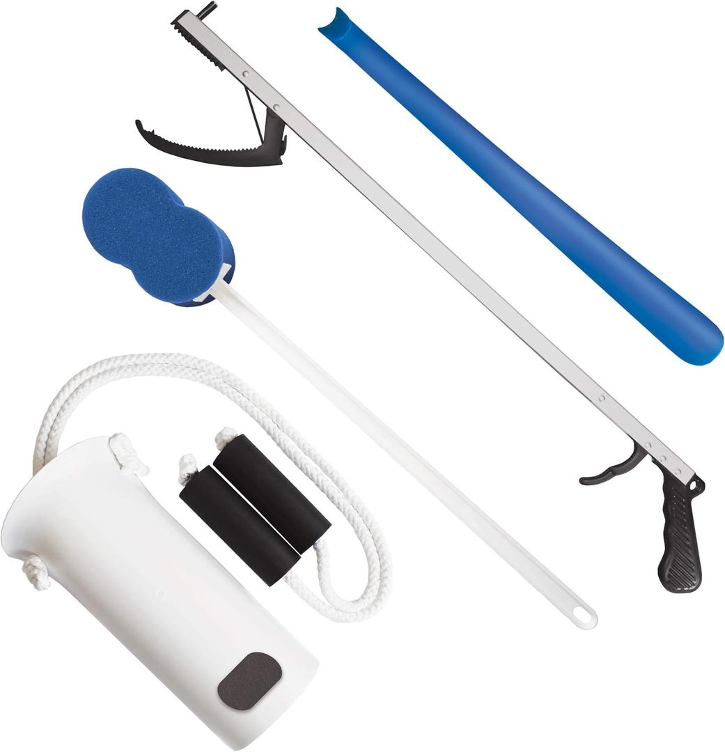 Rehabilitation Advantage 4 Piece Economy Hip or Knee Replacement Recovery Kit. Package Includes a 26-inch Reacher Grabber, Sock Aid, 17-Inch Plastic Shoehorn and 21 Inch Bath Sponge.