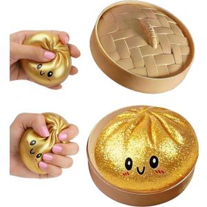 Glitter Dumpling Squishy, Colorful Dumpling Squishes Stress Balls with Steamer, Easter Gifts, Soft Squeeze Decompression Dough for Adults (Gold with Glitter)