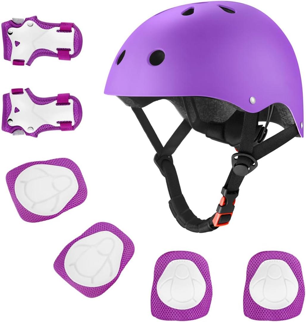 Kids Bike Helmet for Ages 2-14, Adjustable Safety Toddler Helmet with Protective Gear Set, Skateboard Scooter Helmets with Knee Elbow Pads Wrist Guards (Medium (for Ages 8-14), Purple)