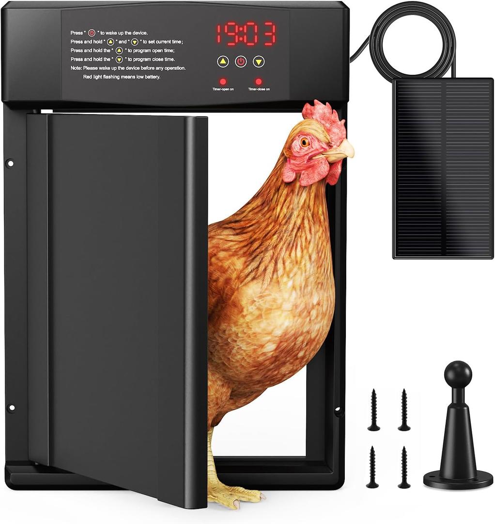 Automatic Chicken Coop Door Solar Powered, 15.15" H x 10.62" W, with Timer, Light Sensor & LED Display, Anti-Pinch Design, Windproof & Weatherproof for All Seasons (Black)