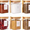 6 Pcs Square Glass Jar with Bamboo Lid and Spoon - 27 oz Large Sugar Container with 148 Kitchen Pantry Spice Jar Labels Preprinted - Glass Containers with Wooden Lids Hold Coffee, Tea, Candy