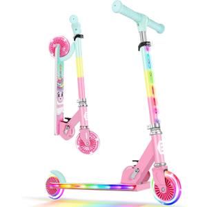 BELEEV V2 Scooters for Kids with Light-Up Wheels & Stem & Deck, 2 Wheel Folding Scooter for Girls Boys, 3 Adjustable Height, Non-Slip Pattern Deck, Lightweight Kick Scooter for Children Ages 3-12 (Pink)