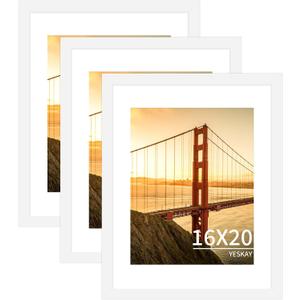 YESKAY 16x20 Picture Frame White Set of 3, Display Pictures 11x14 with Mat or 16 x 20 Without Mat, Poster Frames 16x20 for Wall Hanging Horizontal and Vertical