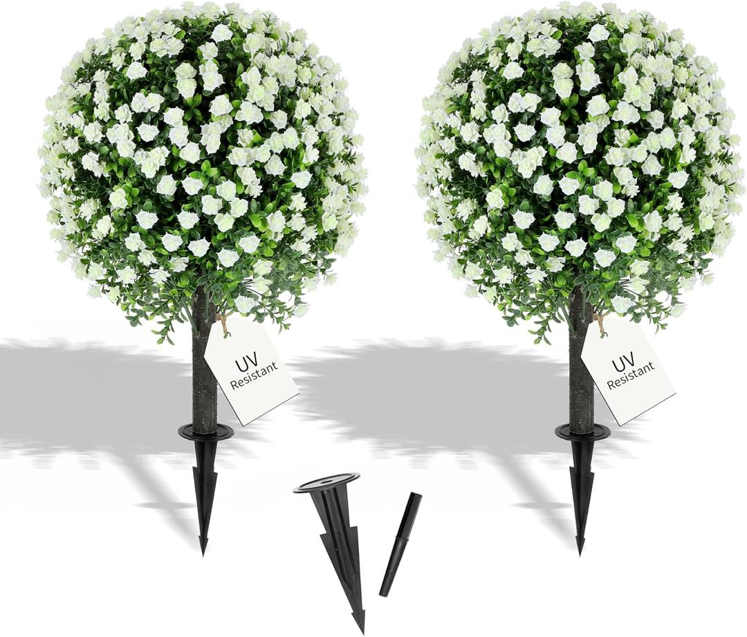 27.2" Artificial White Rose Topiary Set of 2 with Spike, Fake Plants Boxwood Ball Greenery Shrubs, Uv Resistant Push in Flowers Artificial Bushes for Outdoor Front Porch Decor Home Faux Plants Indoor