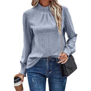 SKAYS Womens Eyelet Mock Neck Long Sleeve Shirts Top Blouses Dressy Casual Trendy Business Casual Stretch Hollow Out Tee Size S