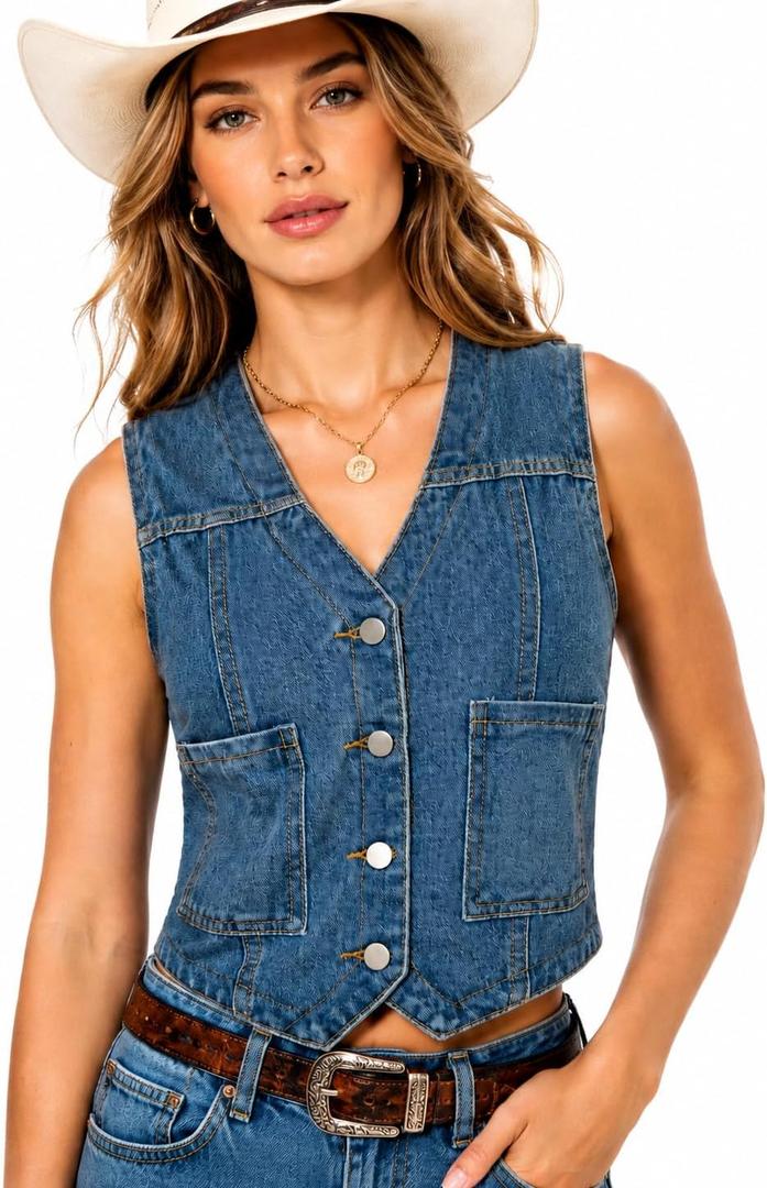 Womens Denim Vest Sleeveless V Neck Button Down Cropped Jean Waistcoat Casual Summer Layering Fashion Top Small