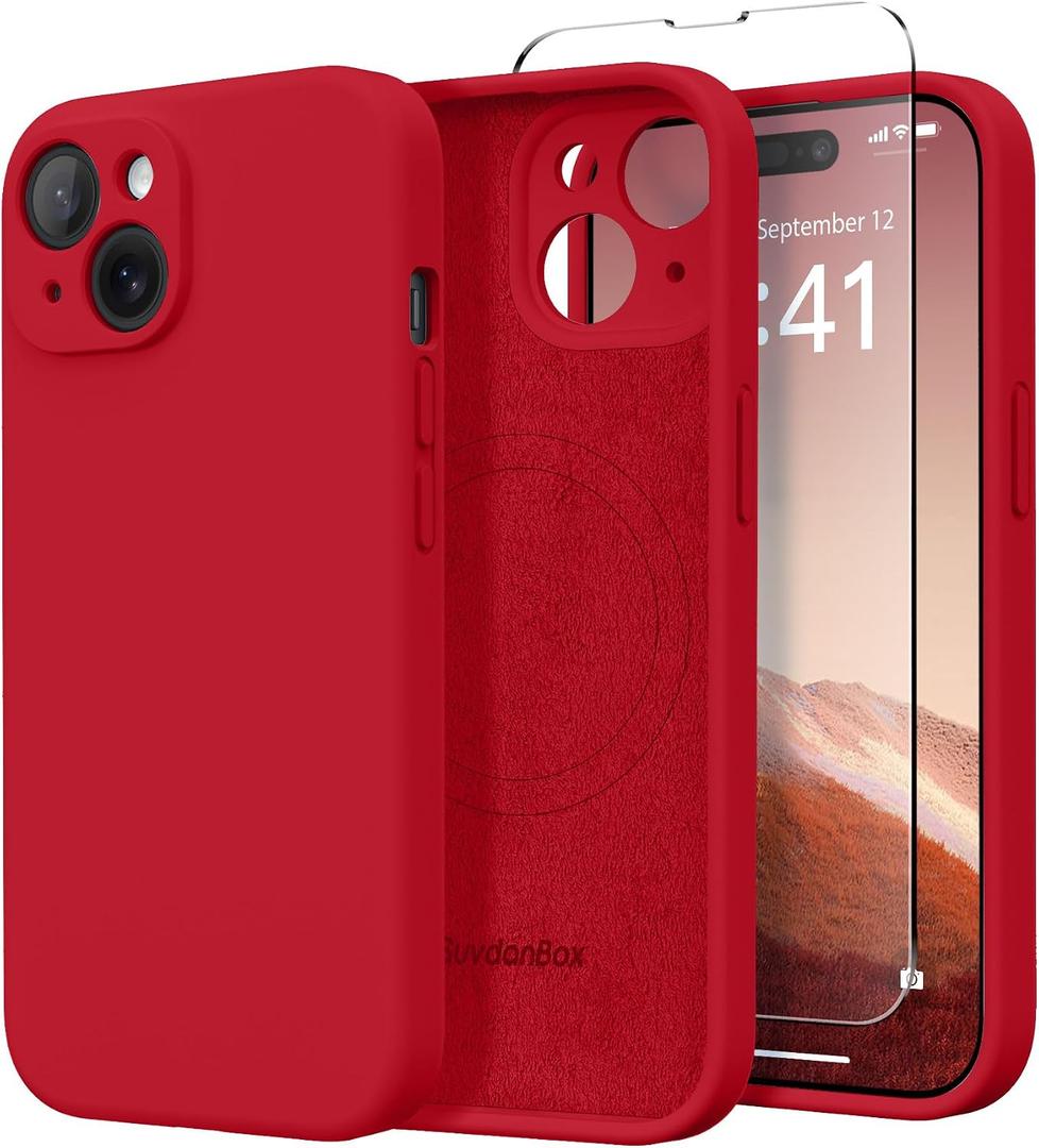 Magnetic for iPhone 15 Plus Case, Compatible with MagSafe, [Full Camera Protection][Screen Protector] Silicone Shockproof Protective Phone Case for iPhone 15 Plus 6.7", Red
