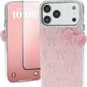 Cute Case for iPhone 17 Pro 6.3" with HD Screen Protector,Pink Glitter Rhinestone Bow Phone Cases,Bowknot Pattern Silicone Protective Camera Shockproof Phone Cover for Women&Girls