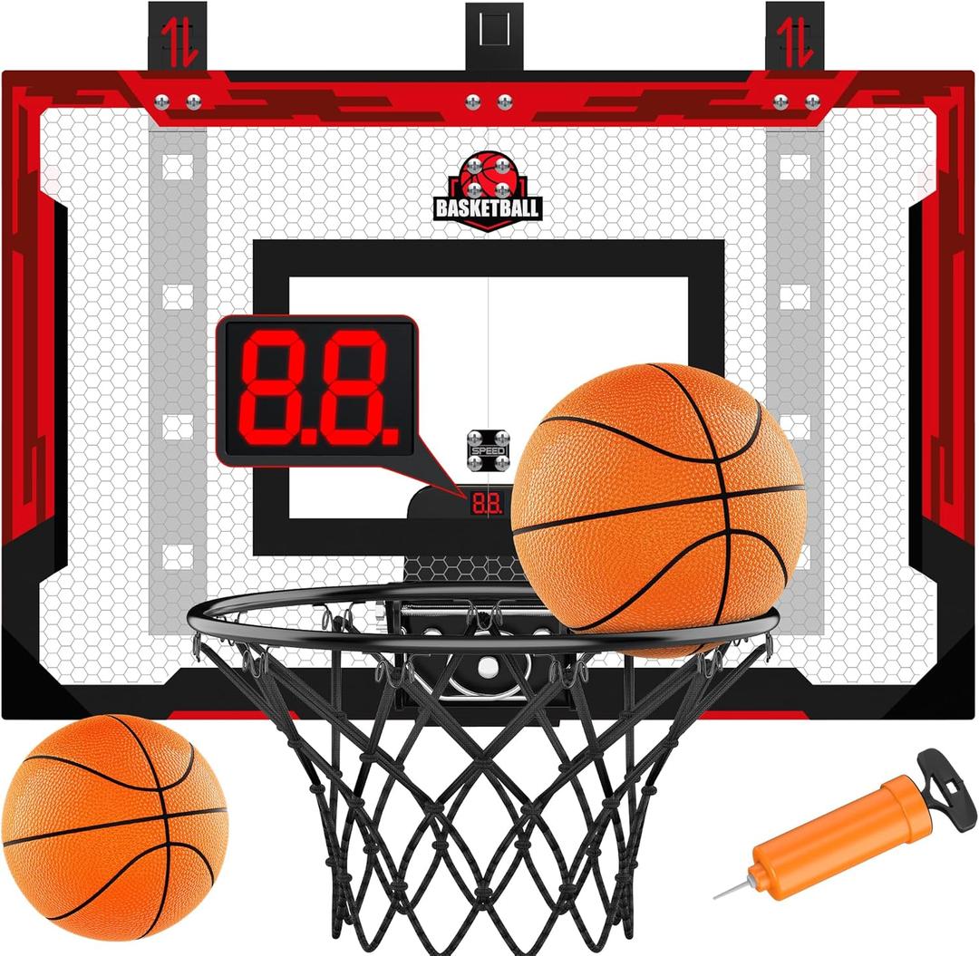 24" x 16" Indoor Large Basketball Hoop Toy - Upgraded Adjustable Height Basketball Hoop Over The Door with Scoreboard/2 Balls, Basketball Toys Christmas Birthday Gifts for Kids & Adults(Red)
