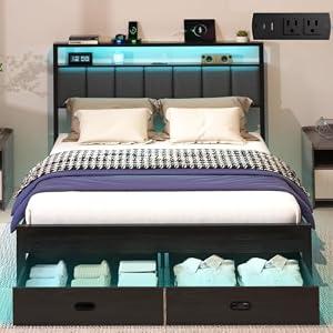Aelawe Queen Bed Frames with Storage Drawer, Platform Bed with Charging Station and LED Lights, Upholstered Headboard with 2-Tier Storage Shelves, No Box Spring Needed