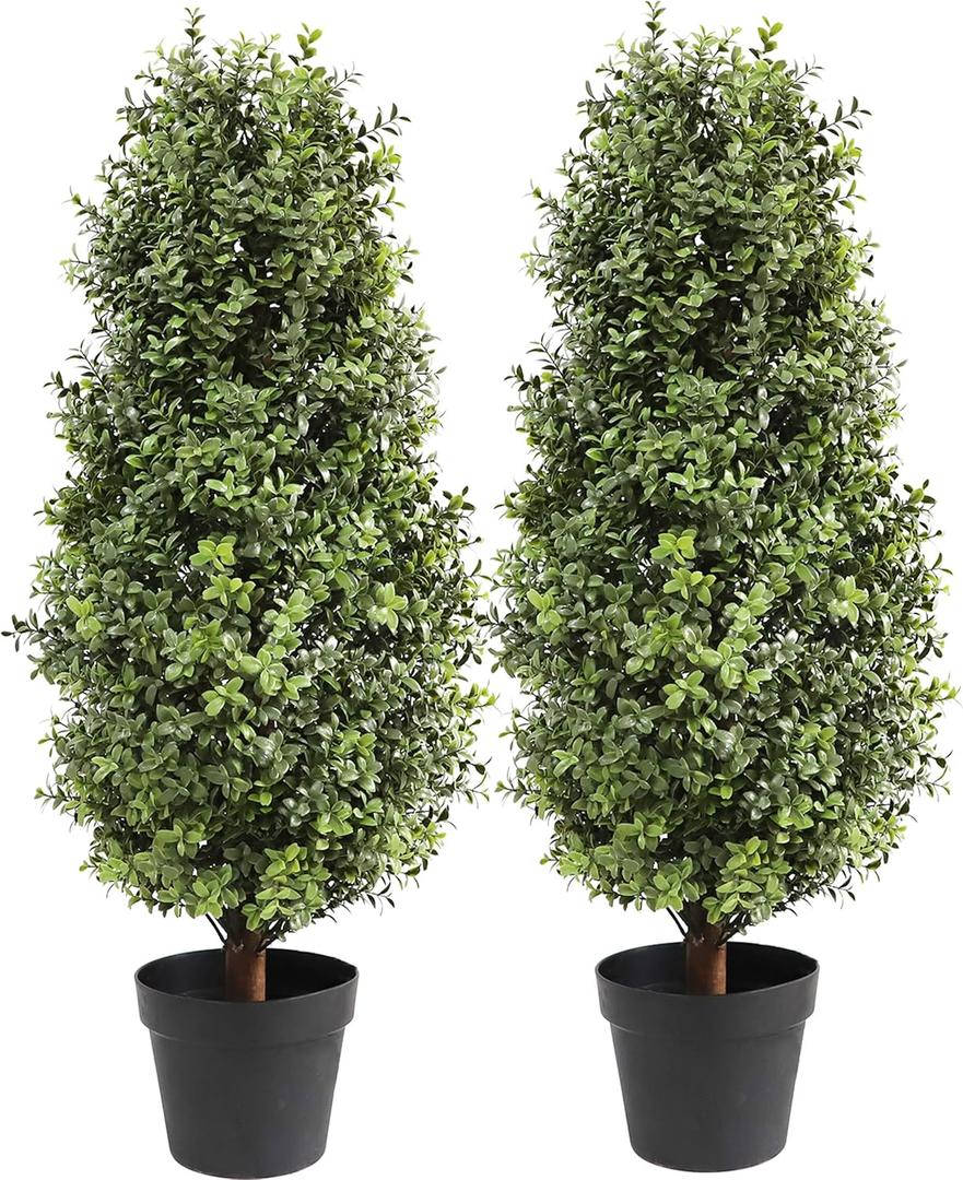 35inch Artificial Topiary Boxwood Tree, Faux Plants Outdoor 2 Packs Fake Bushes Faux Shrub, Artificial Topiary for Outdoors for Home Decor Indoor Front Porch