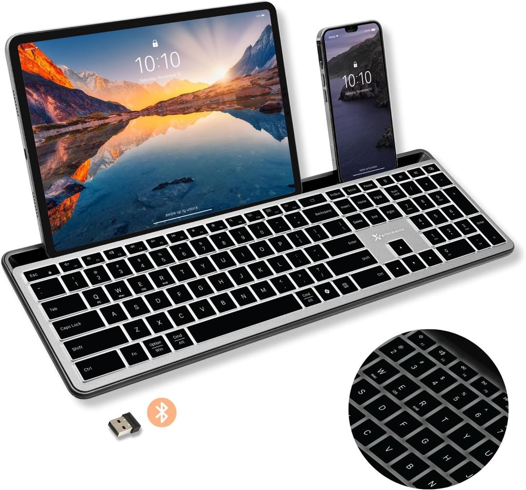 X9 Full Size Bluetooth Keyboard with Phone Holder - Backlit Wireless Keyboard, Switch Multi Device, Quiet, Slim, Rechargeable, w/Copilot for iPhone, Tablet, PC, Mac, iPad, MacBook, iOS, Android - Gray