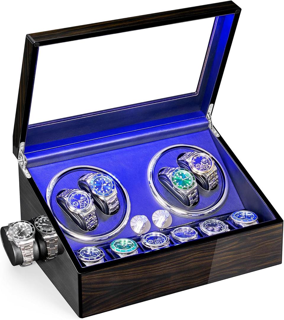 ANWBROAD Watch Winder for Automatic Watches 4 Watch Rotator and 6 Extra Storages with Super Quiet Motor LED Backlight Piano Paint Watch Shaker 4 Rotating Modes USB UJWW002E