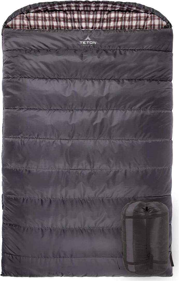 Teton Mammoth Queen Size Double Sleeping Bag- A Warm Bag The Whole Family can Enjoy  Great for Camping, Hunting and Base Camp. Compression Sack Included (Grey (Cotton Flannel Liner))