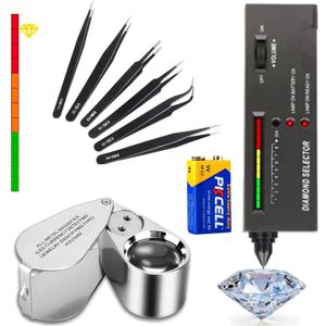 Diamond Tester Pen, 40X Full Metal Jewelers Eye Loupe,6PCS Precision Upgraded Anti-Static Stainless Steel Curved of Tweezers Set,Professional Diamond Selector for Novice and Expert