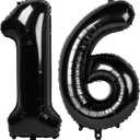 Black Number 16 Balloon 40 inch, 16 Number Balloons, 16th Black Birthday Decorations, 16 Year Old Girls Boys Party Supplies