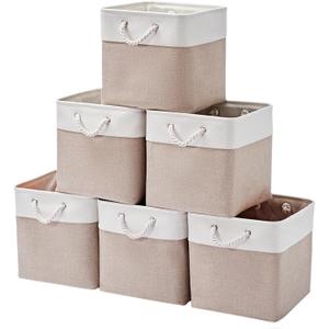 13 x 13 Inch Storage Cubes6 Pack Cube Storage Bins for ShelvesFabric Collapsible Storage Bins with Handles, Foldable Storage Basket for Organizing Clothes, Toys, Books (White&Beige)