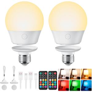 Brightown E26 Rechargeable Light Bulb with Remote and Timer, Battery Backup Bulb for Sconces and Lamps, Magnetic Bulbs for Non-Hardwired Fixture, 3 Color Temperatures + 9 RGB Colors, Dimmable, 2 Pack