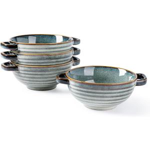 GBhome Ceramic Soup Bowls with Double Handles, 24 OZ Soup Cups Set for Soup, Cereal, Stew, Salad, Noodles, RamenMicroware &Dishwasher Safe, Set of 4 (Space Blue)