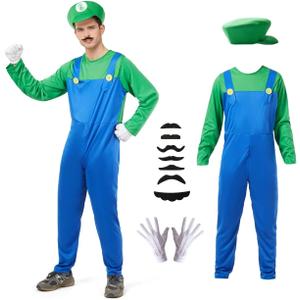 Halloween Costume Men Adult,Plumber Jumpsuit Cosplay Costume with Hat Gloves Moustache Accessories Set (Large, Green)