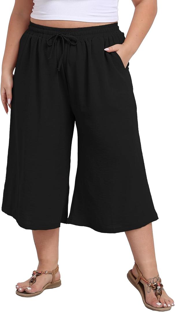goodmansam Women's Plus Size Capri Culottes Pants High Waisted Wide Leg Palazzo Trousers with Pockets for Summer Casual Wear (2X, Black)