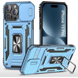for iPhone 15 Pro Phone Case iPhone 15 Pro Case with Slide Camera Cover Protective with Ring Stand, Heavy Duty Shockproof Rugged Bumper for iPhone 15Pro Case-Light Blue