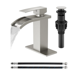 Waterfall Bathroom Faucet 1 Hole, Single Hole Bathroom Faucet, Single Handle Vanity Sink Faucet with Deck Plate, Pop-up Drain & Supply Lines, Brushed Nickel