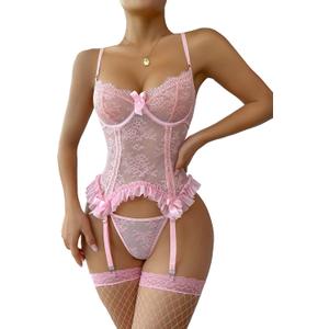 WDIRARA Women's Sexy Lingerie Set Floral Lace Garter Bustier Lingerie Set with 1Pair Fishnet Stocking (Light Pink Lace, S)