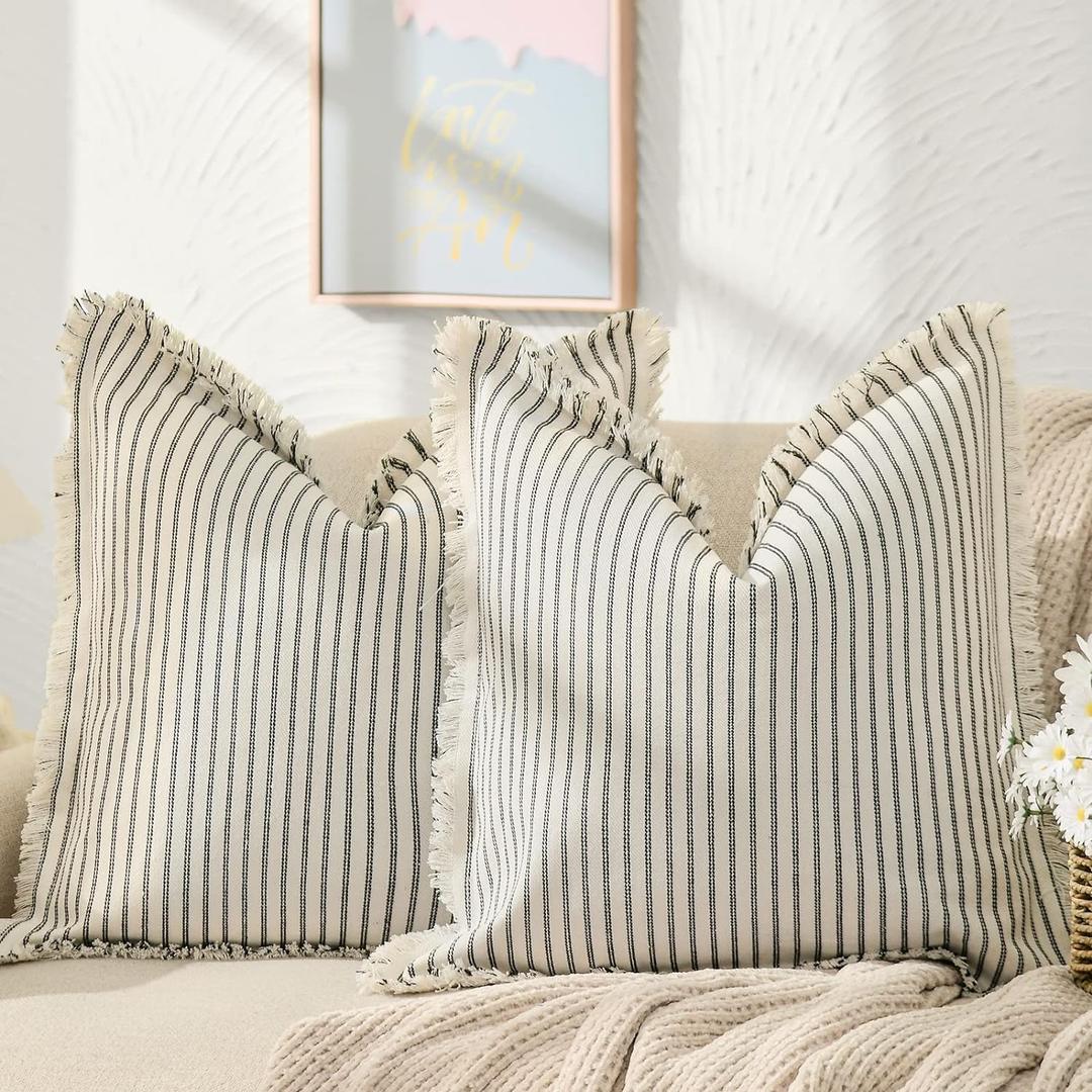 ZWJD Throw Pillow Covers 26x26 Set of 2 Striped Pillow Covers with Fringe Chic Cotton Decorative Pillows Square Cushion Covers for Sofa Couch Bed Living Room Farmhouse Decor (Black)